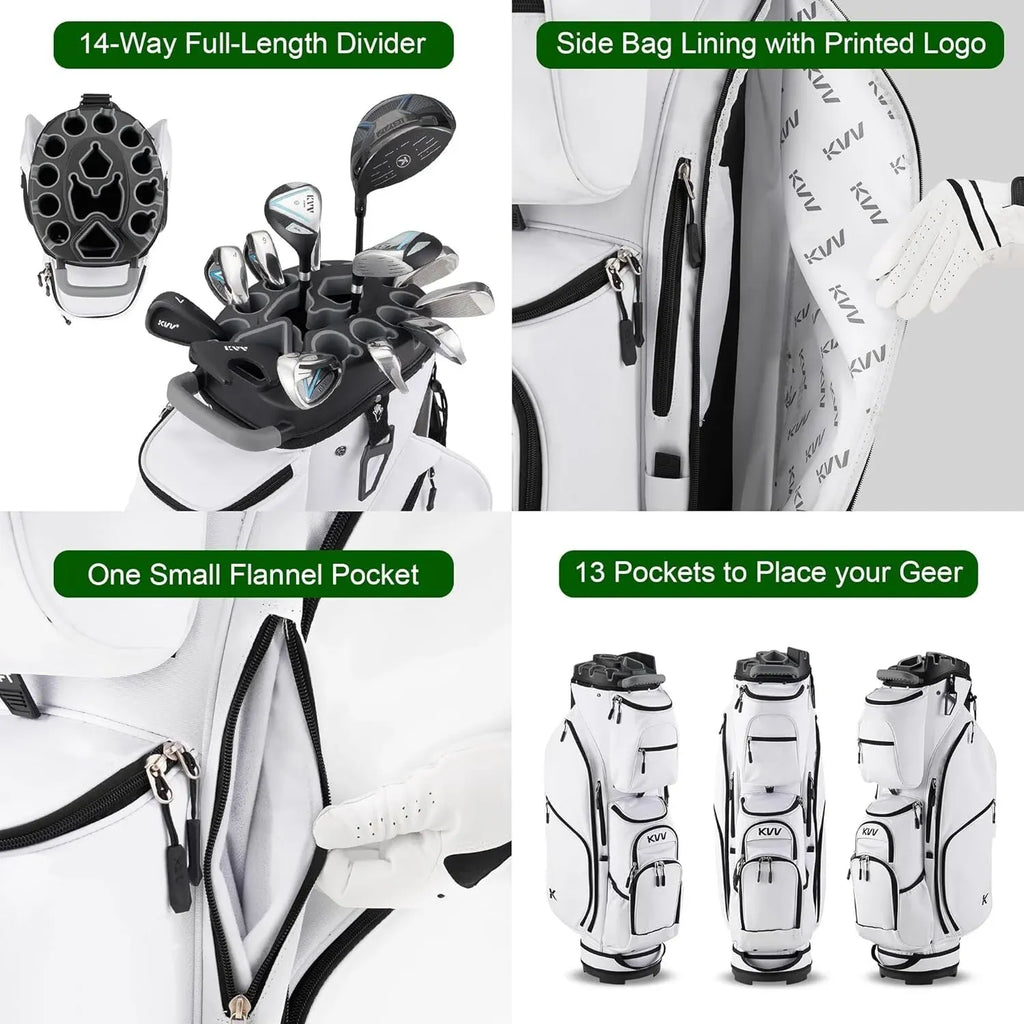 Stylish White 14-Way Golf Cart Bag with Cooler Pockets and Rain Protection
