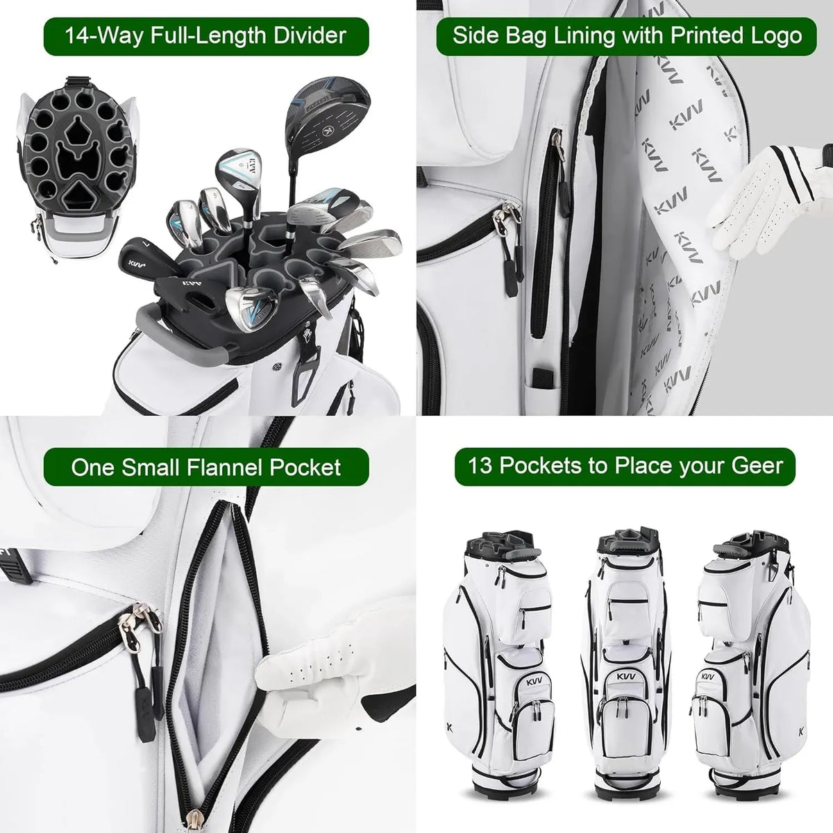 Stylish White 14-Way Golf Cart Bag with Cooler Pockets and Rain Protection