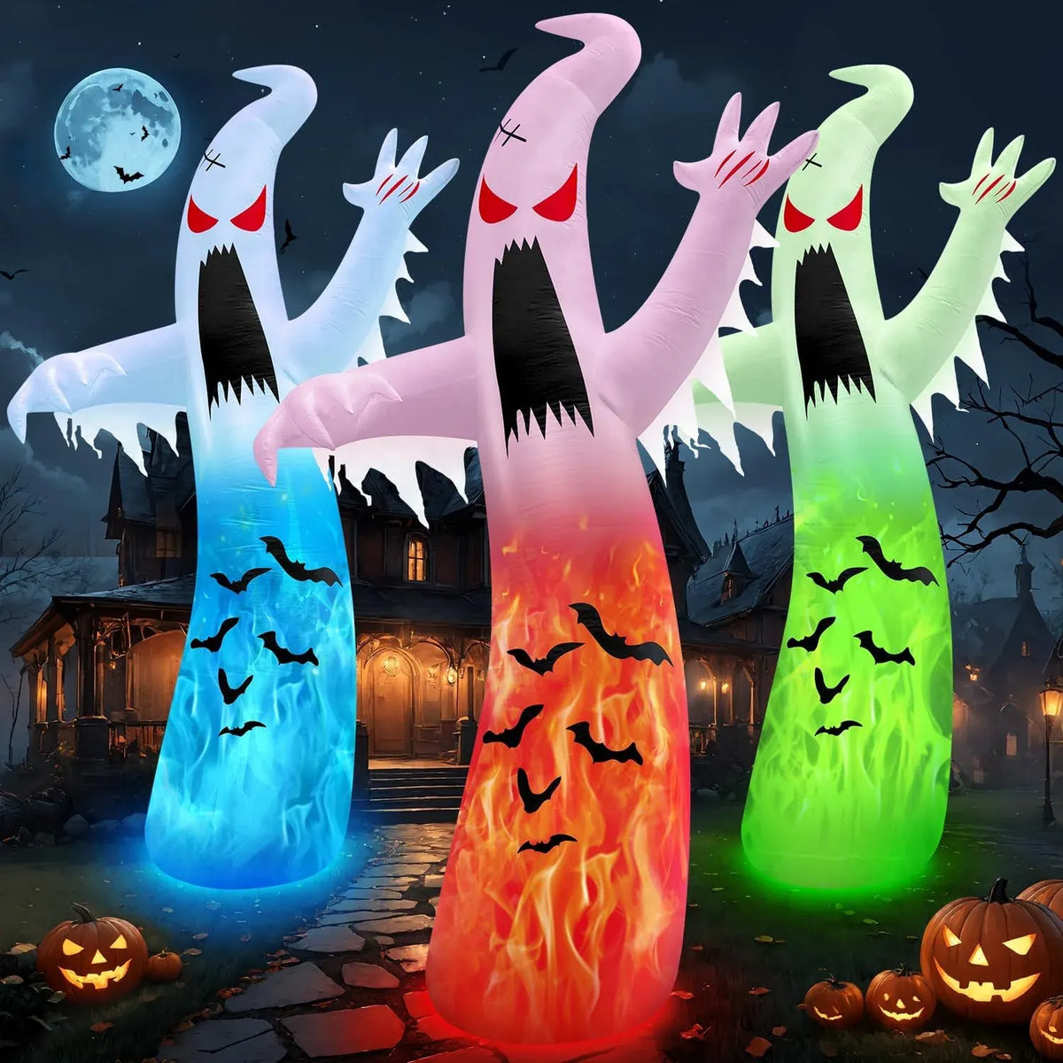 12FT Giant Halloween Inflatables Decoration Ghost with 3-Colored Flame Rotation LED Light Spooky Halloween Decorations Outdoor Blow Up Yard Decorations for Home Lawn Holiday Partyï1⁄4?PCS