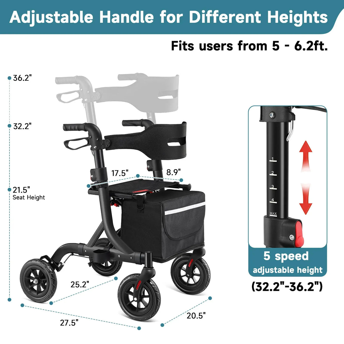 All-Terrain Rollator Walker for Seniors Rubber Wheels Foldable Lightweight 300lb