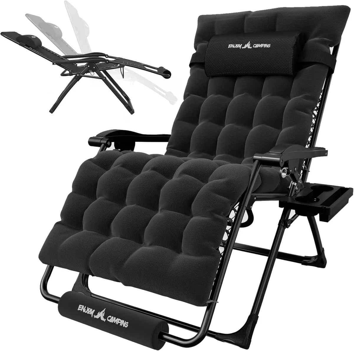 Amopatio Oversized Zero Gravity Chair with Cushion, XL Folding Outdoor Lounge Reclining Patio Chair with Tray/Footrest/Headrest for Camping Sunbathing Relaxing