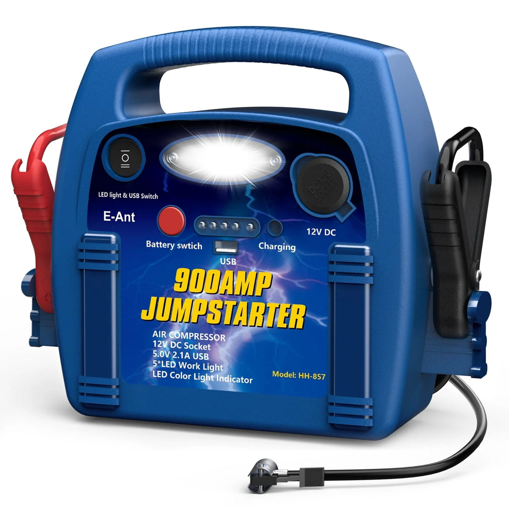 E-Ant Jump Starter with Air Compressor, 900A Peak Jump Starter, 260 PSI Tire Inflator, 12V Battery Jumper Starter Portable, Jumper Cables for Up to 6.0L Gas/4.0L Diesel Engines with DC/USB Ports-Blue
