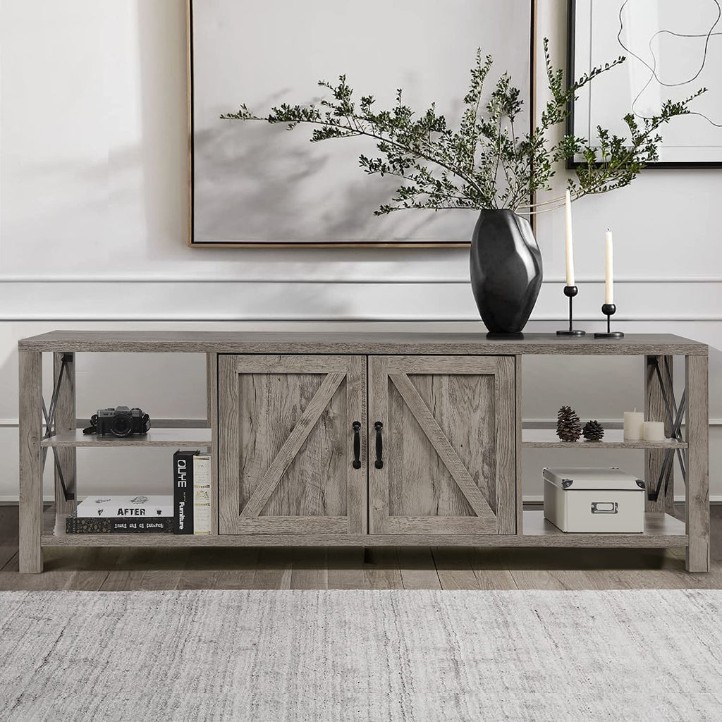 70 Inch TV Stand for 75 Inch TV Entertainment Center Farmhouse, Modern Barn Door TV Console Table with Storage Cabinets and Shelves for TVs Up to 75, Rustic Gray Wash