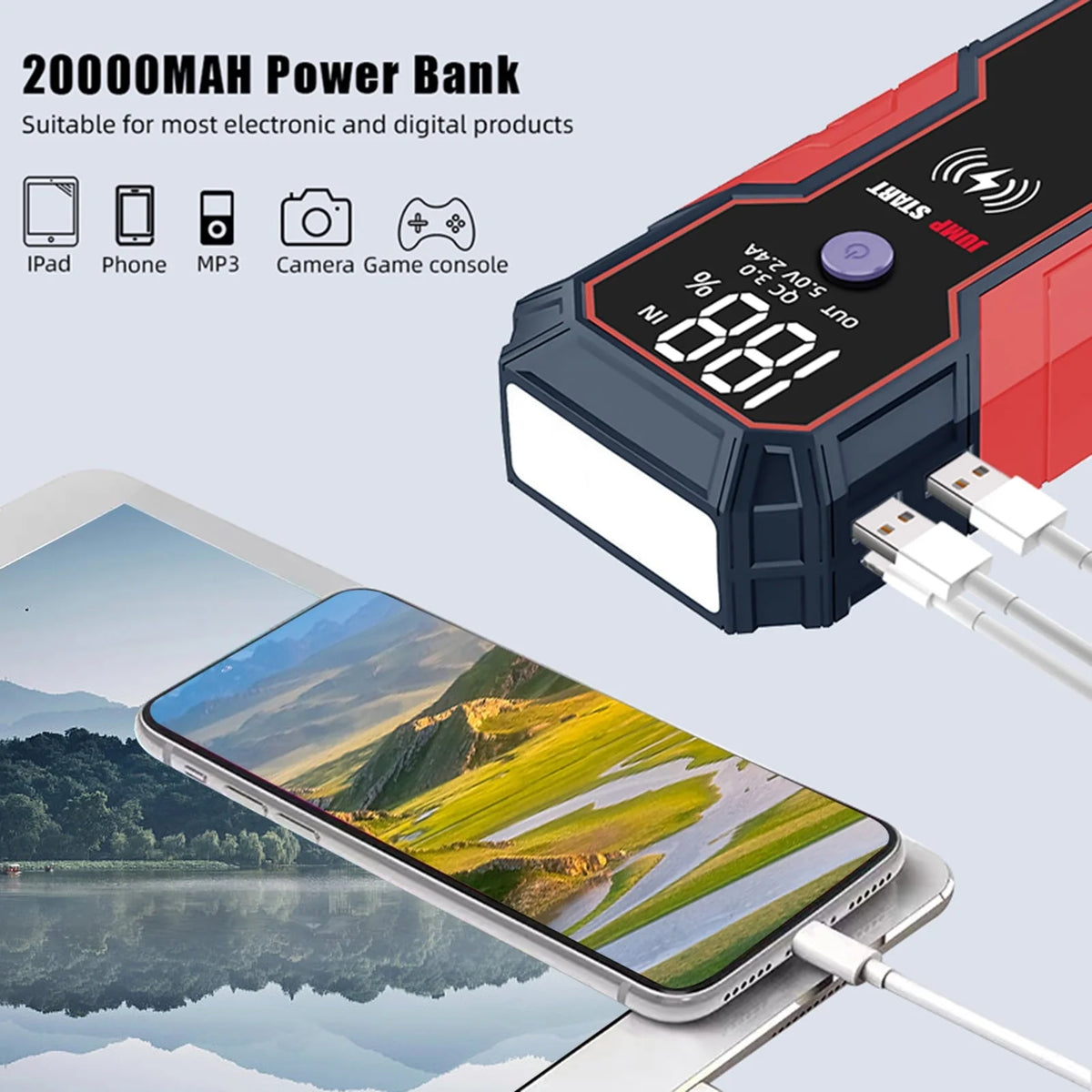 moobody 20000mAh Portable Car Jump Starter, 12V Car Battery Starter , Fast Wireless, USB Quick Charge, with Flashlight , Compatible with 5.0L Gas and 3.5L Diesel Engines