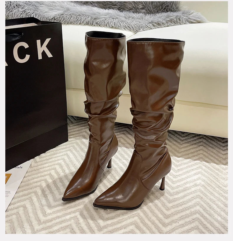 Women New Retro Cool Style Coffee Brown Tall Fashion Boots, Pointed Toe Stiletto High Heels Elegant Slim Fit Dress Boots