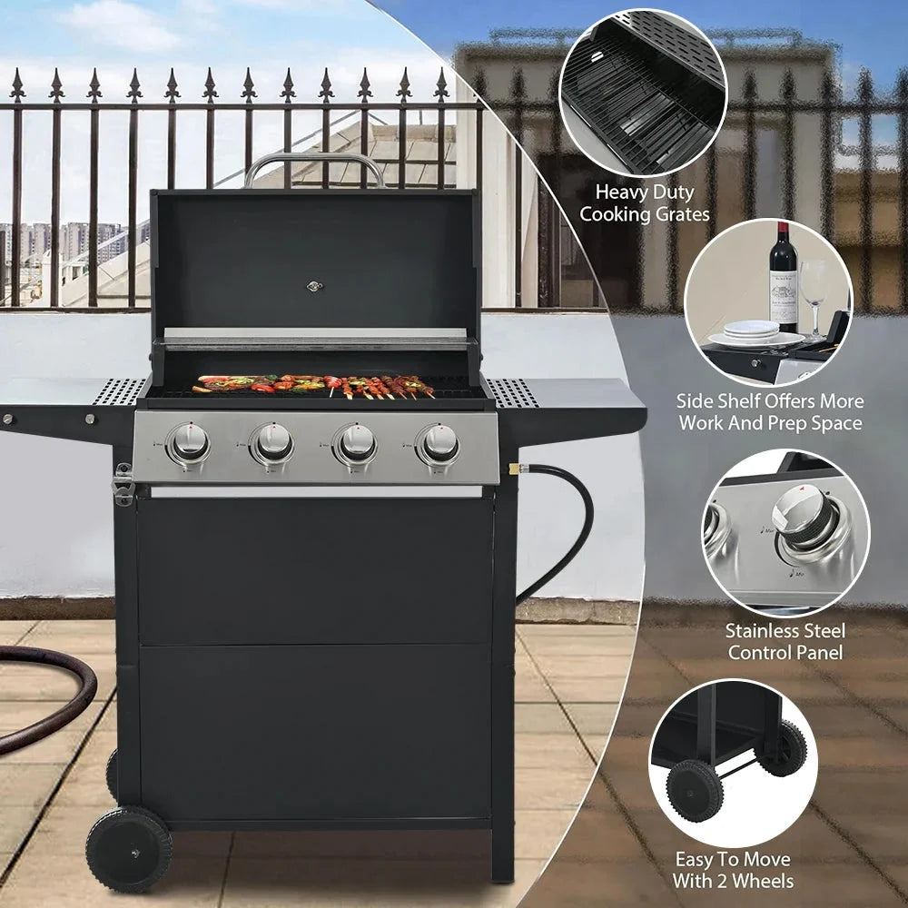 SEGMART 4 Burner BBQ Propane Gas Grill, Stainless Steel 34,200 BTU Patio Garden Barbecue Grill with Two Foldable Shelves & Thermometer, Perfect for Camping, Outdoor Cooking