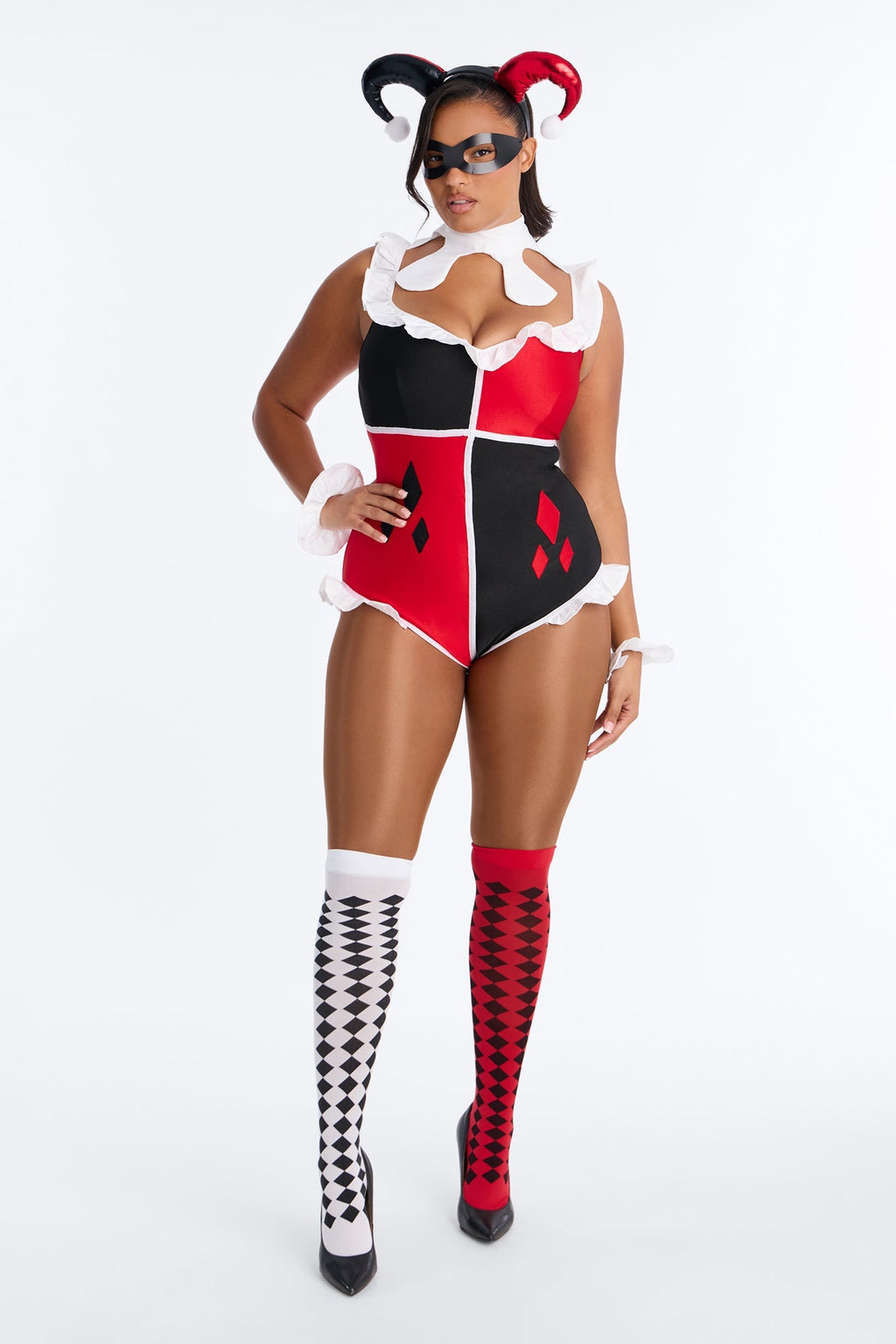 Comic Villain Costume Set with Ruffle Romper and Thigh Highs, Six-Piece