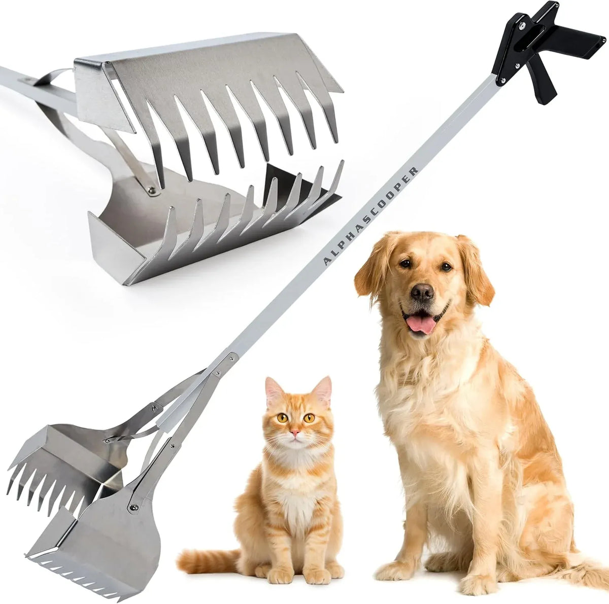 Dog Pooper Scooper for Yard - 38 Lightweight Ergonomic Handle, Rust-Resistant Aluminum, Jaws Technology Poop Scooper for Dogs