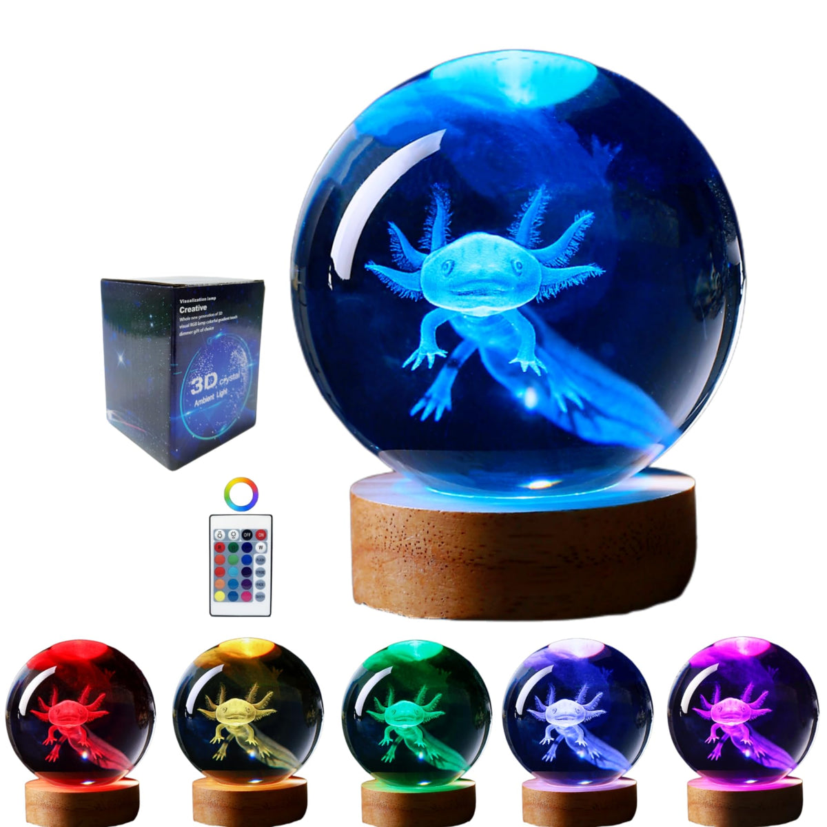 3D Crystal Night Light with Axolotl Engraving and Wooden LED Base, Remote Color Control
