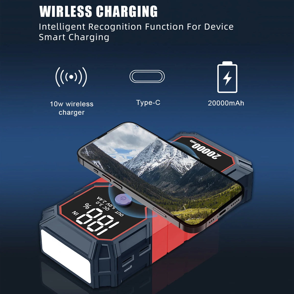 moobody 20000mAh Portable Car Jump Starter, 12V Car Battery Starter , Fast Wireless, USB Quick Charge, with Flashlight , Compatible with 5.0L Gas and 3.5L Diesel Engines