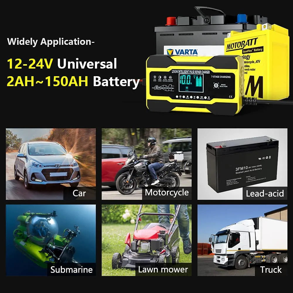 10-Amp Battery Charger Automotive, 24V And 12V Car Battery Charger, Battery Maintainer with Temperature Compensation for Car, Lawn Mower, Motorcycle, Boat, SUV And More
