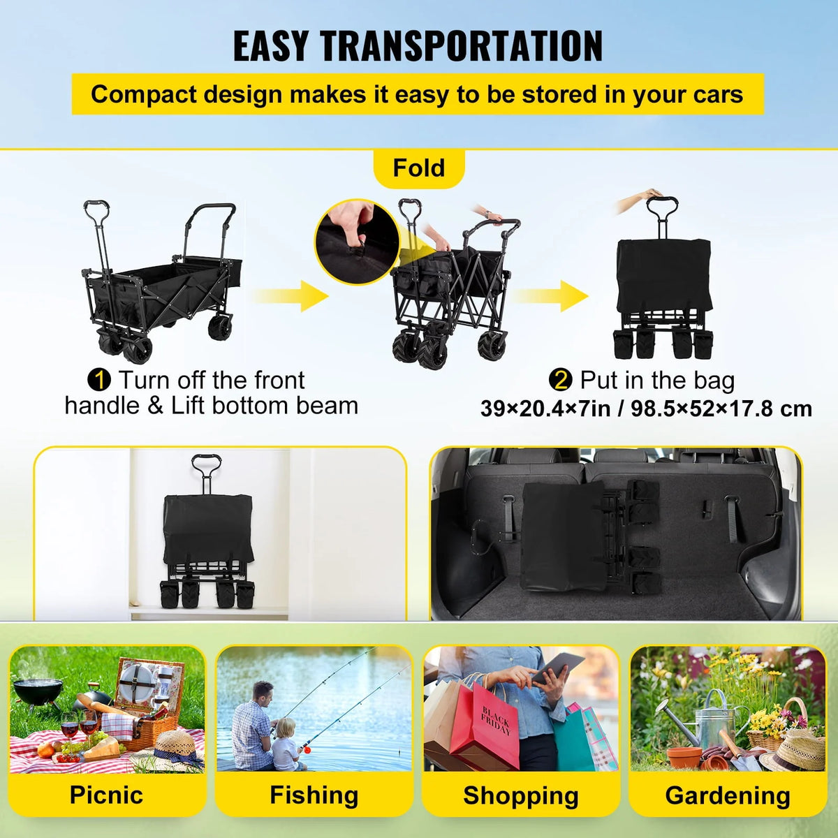 VEVORbrand Collapsible Wagon Cart Black， Foldable Wagon Cart Removable Canopy 602D Oxford Cloth， Collapsible Wagon Oversized Wheels， Portable Folding Wagon Adjustable Handles， Beach， Garden， Sports