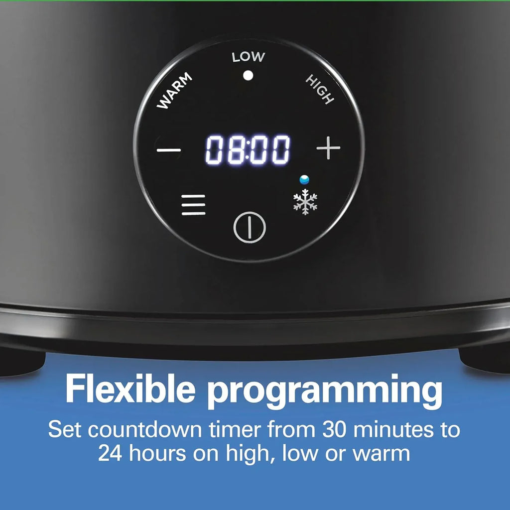 Hamilton Beach 6 Quart Set & Forget Programmable Slow Cooker with Defrost Function, Flexible Programming, Adjustable Countdown Timer, Large Dishwasher Safe Stoneware Crock and Glass Lid, Black (33765)