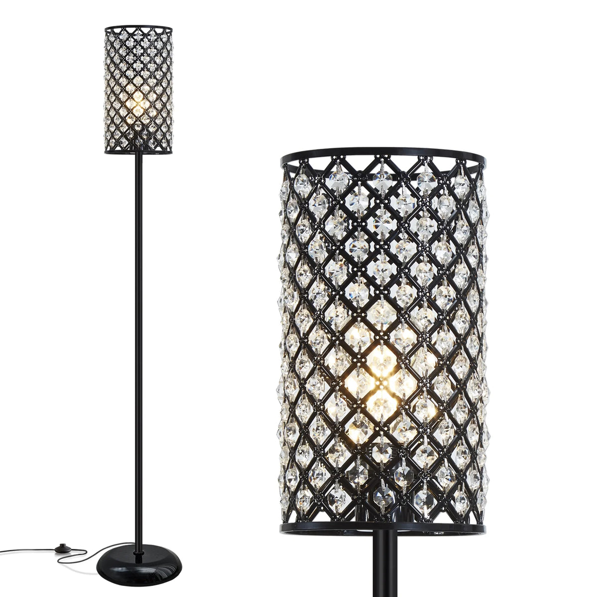 Natyswan Crystal Floor Lamp, Modern Black Floor Lamp with on/off Foot Switch,Tall Pole Accent Lighting for Living Room, Girl Bedroom, Dresser, Office