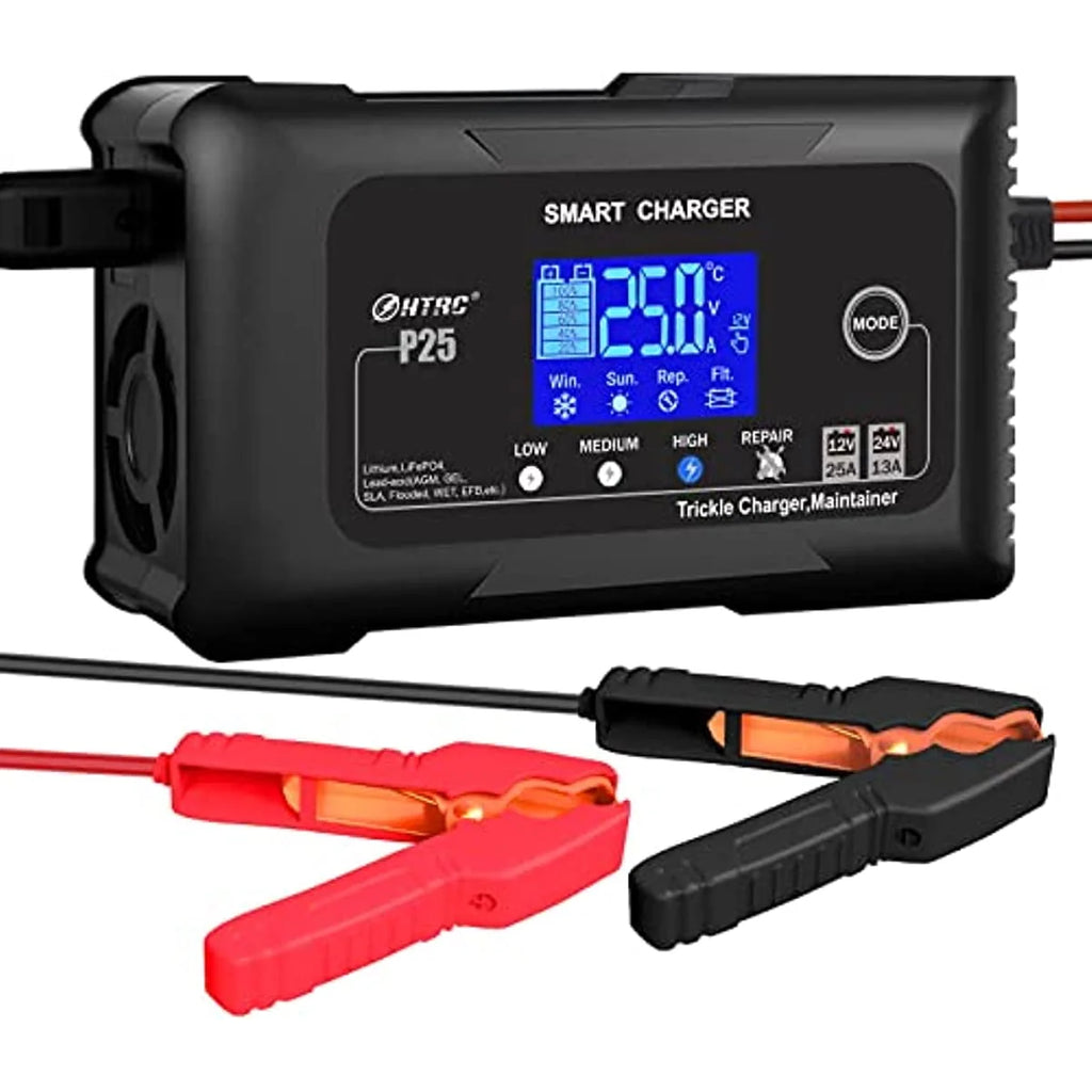 HTRC 25-Amp Smart Battery Charger,Lithium,LiFePO4,Lead-Acid AGM/Gel/SLA.. Car Battery Charger,Trickle Charger, Maintainer/deep Cycle Charger,12V/25A and 24V/13A,for Motorcy,Boat,Lawn Mower,Golf cart..
