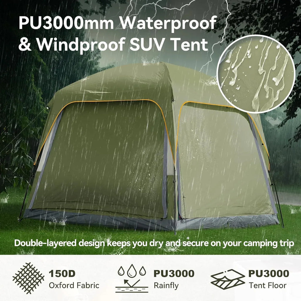 SUV Tent for Camping with 2 Awnings, 4-6 Person Waterproof Car Truck Camping Tent with Thickened Poles, PU3000mm SUV Tailgate Van with Rainfly, Army Green