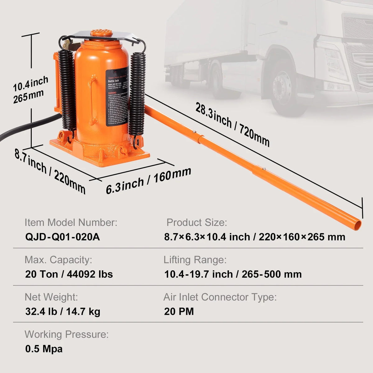 BENTISM Air Hydraulic Bottle Jack 20Ton 10.4-19.7 High Lift Pneumatic Bottle Jack Portable Auto Repairing Shop Tool for Vehicles Trucks Cars