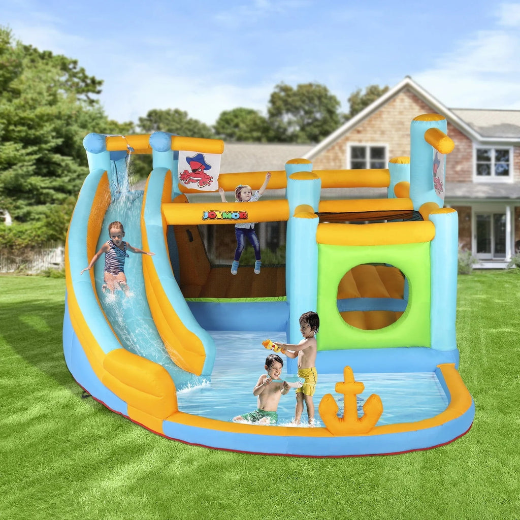 JOYMOR Inflatable Water Slide Park, Pirate Themed Bounce House w/ Obstacle Course, Water Cannon, Splash Pool, Water Slide Bouncer Castle Outdoor Backyard Playhouse for Age 3-12 Kids (Included Blower)