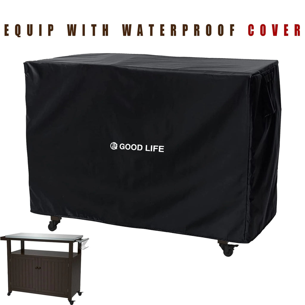 GDLF Outdoor Storage Cabinet Solid Wood Prep Grill Table with Stainless Steel Top Waterproof Cover Dark Brown