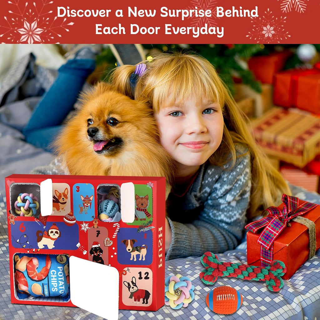 Dog Advent Calendar with 12 Interactive Toys and Squeaky Balls, Ropes for Small to Large Dogs