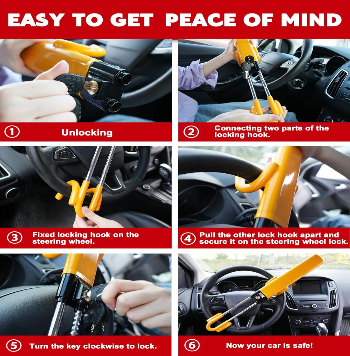 Anti-Theft Steering Wheel Lock with Four-Hook System and Double Row  Cylinder