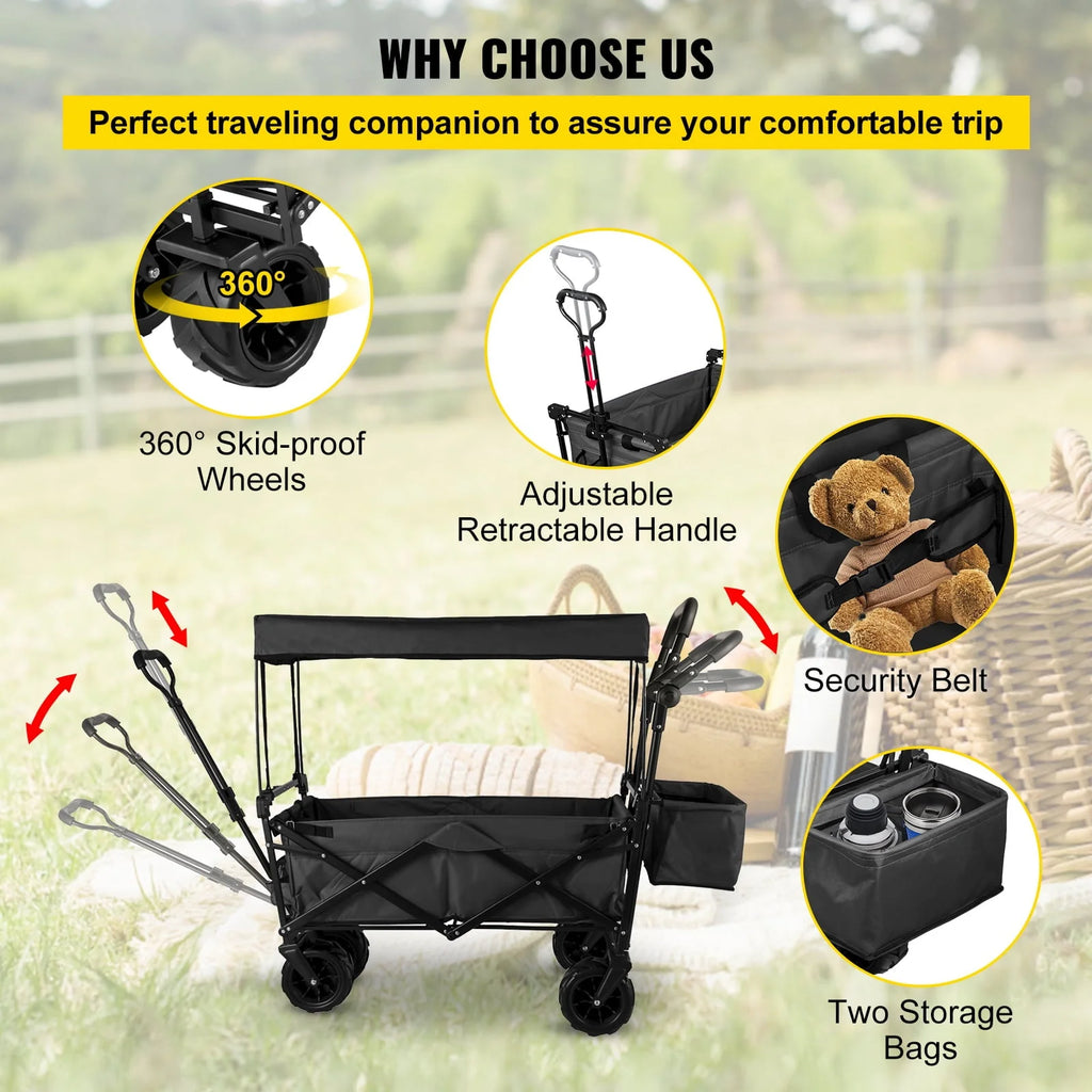 VEVORbrand Collapsible Wagon Cart Black， Foldable Wagon Cart Removable Canopy 602D Oxford Cloth， Collapsible Wagon Oversized Wheels， Portable Folding Wagon Adjustable Handles， Beach， Garden， Sports