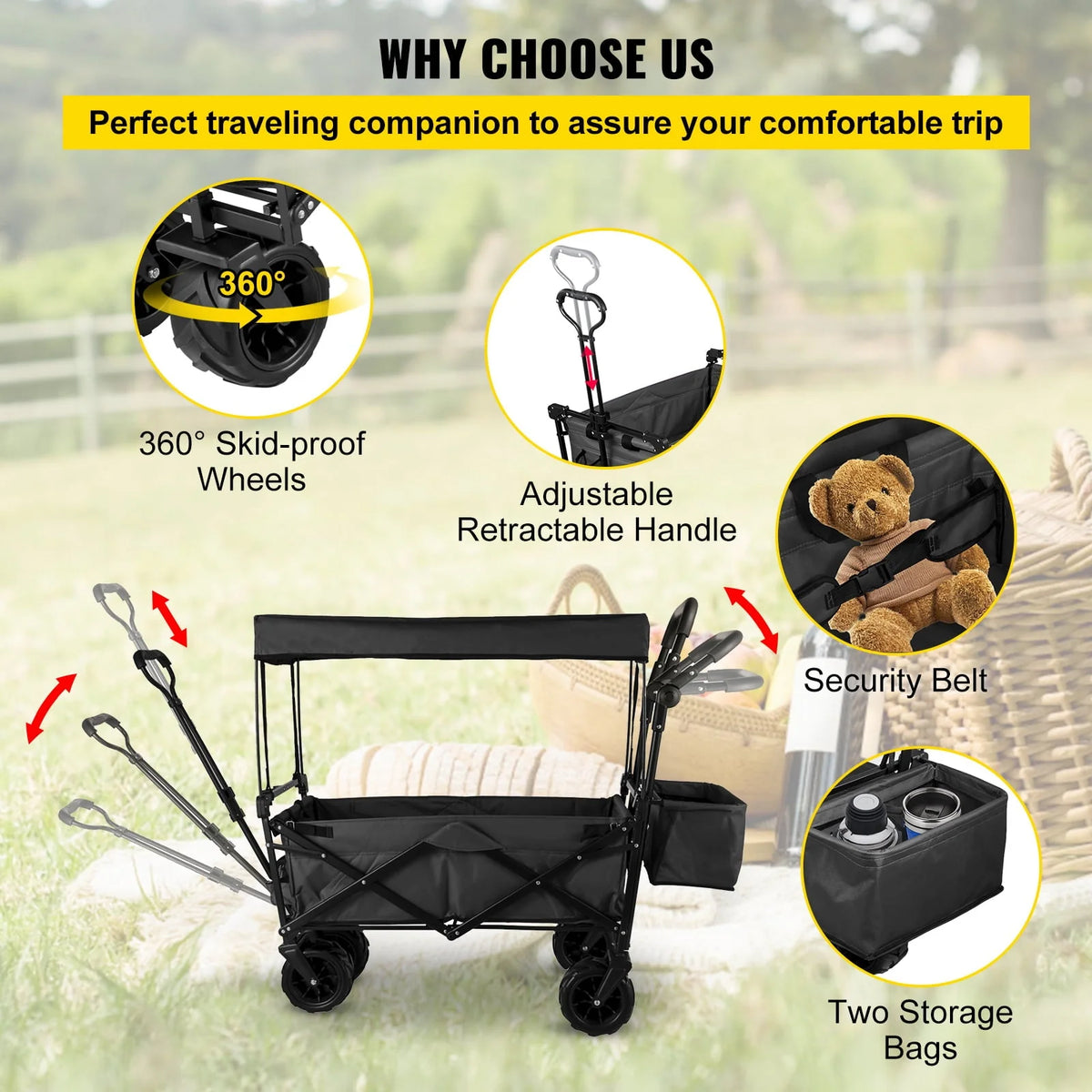 VEVORbrand Collapsible Wagon Cart Black， Foldable Wagon Cart Removable Canopy 602D Oxford Cloth， Collapsible Wagon Oversized Wheels， Portable Folding Wagon Adjustable Handles， Beach， Garden， Sports