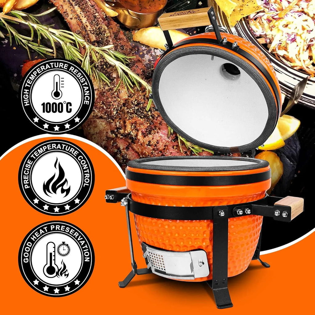 Ceramic Charcoal BBQ Kamado Grill Smoker - Portable Tabletop Cadet Series -Orange