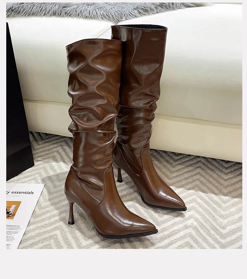 Women New Retro Cool Style Coffee Brown Tall Fashion Boots, Pointed Toe Stiletto High Heels Elegant Slim Fit Dress Boots