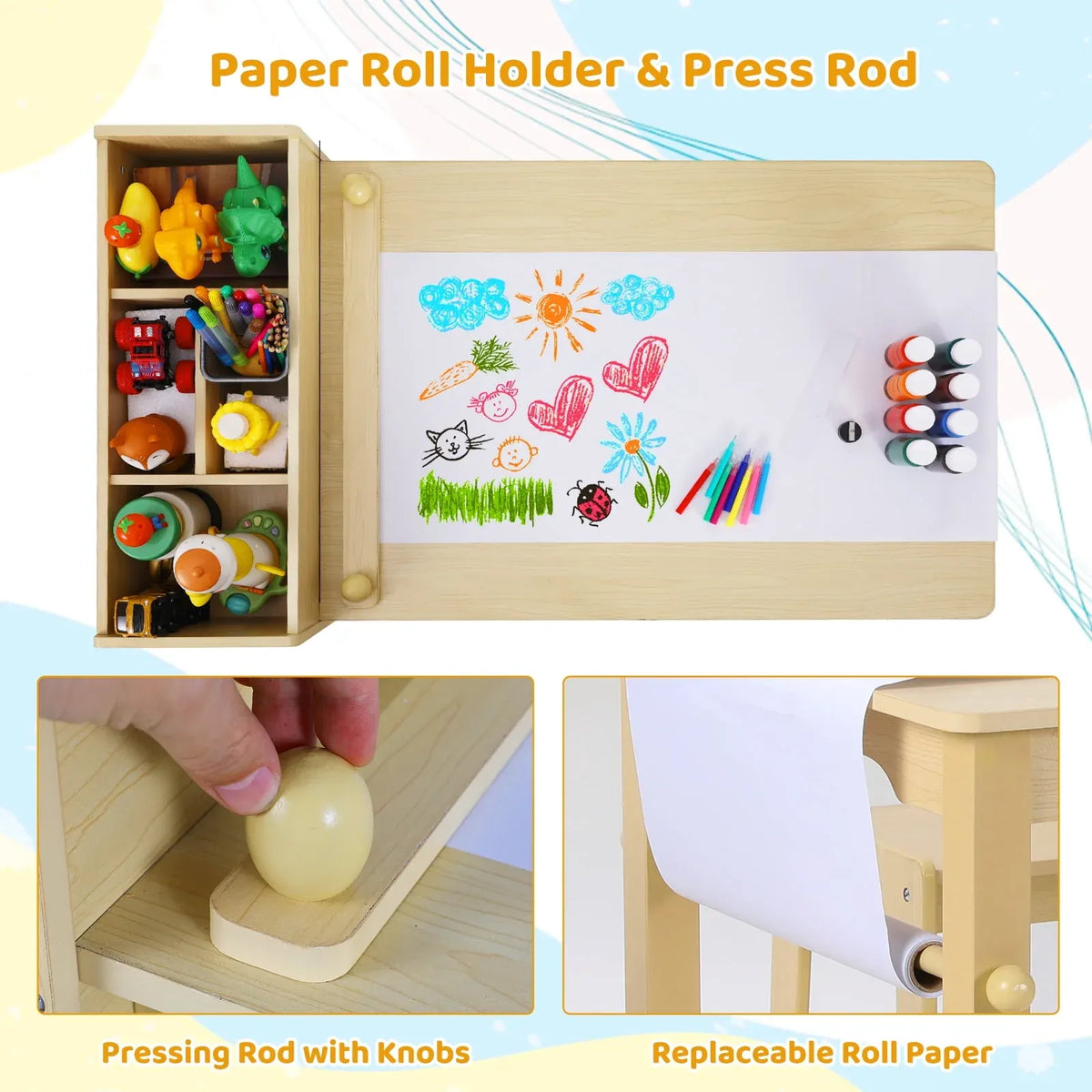 Pirecart Kids Art Table and 2 Chairs Toddler Craft Set Wooden Play Activity Drawing Table with 4 Storage Bins and Paper Roll