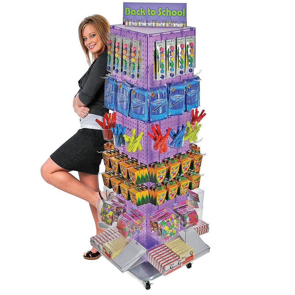 Azar Displays 701465-BLU Blue Four-Sided Pegboard Tower Floor Display on Revolving Wheeled Base. Spinner Rack Stand. Panel Size: 14W x 60H
