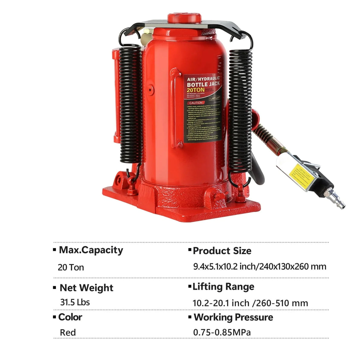 LoLado 20 Ton Air Hydraulic Bottle Jack, with Manual Hand Pump Used for The Maintenance of Automobiles, Agricultural Vehicles, Heavy Trucks, Mobile Machinery, and Heavy Equipment