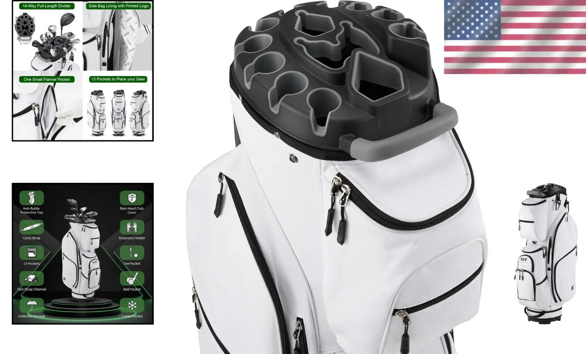 Stylish White 14-Way Golf Cart Bag with Cooler Pockets and Rain Protection