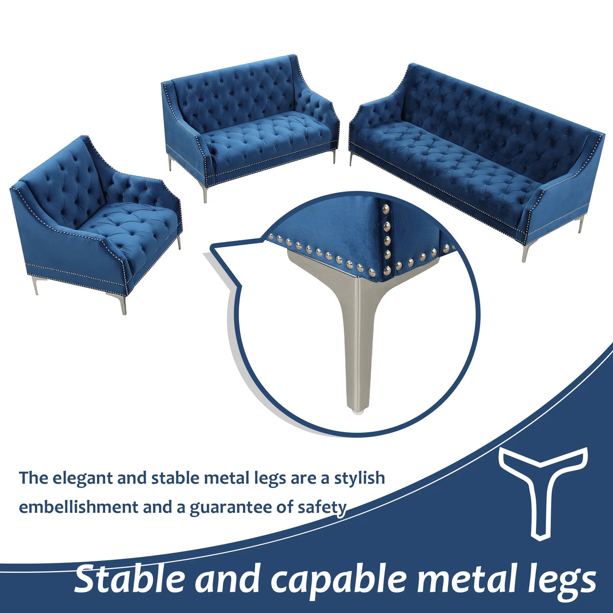 78 Modern Sofa Dutch Plush Upholstered Sofa with Metal Legs, Button Tufted Back Blue
