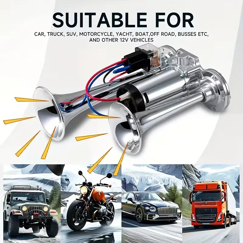 Electric Dual Air Horn with Auto-Refill Compressor and Mounting Bracket for 12V Vehicles