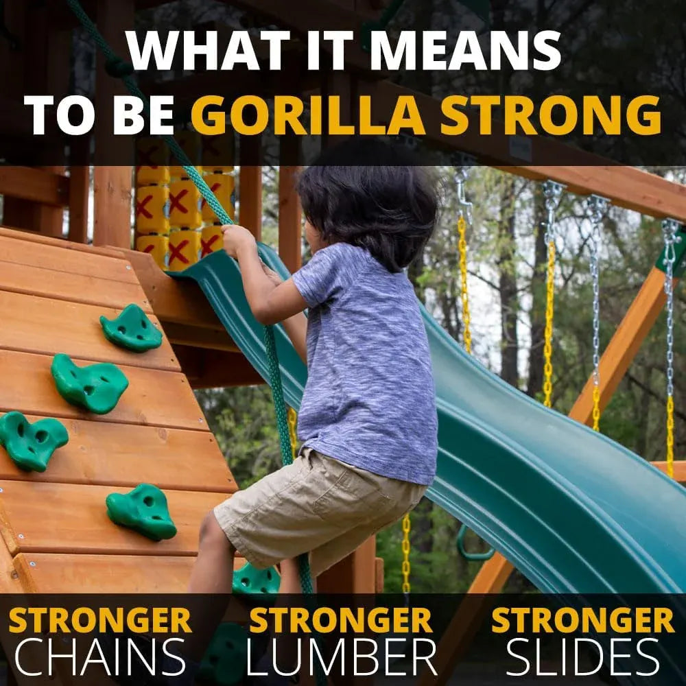 Gorilla Playsets 01-1057 Playmaker Deluxe Wooden Swing Set with Vinyl Canopy Roof, Dual Wave Slides, and Rock Climbing Wall, Redwood Stained Cedar