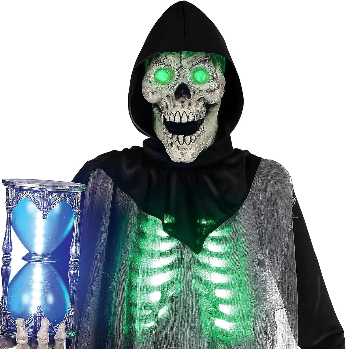 6.5ft Halloween Animatronic Grim Reaper, Mr. Grim Outdoor Halloween Decoration Standing Poseable Figure with Rotating Head, Light-up, Sound and Motion Activated