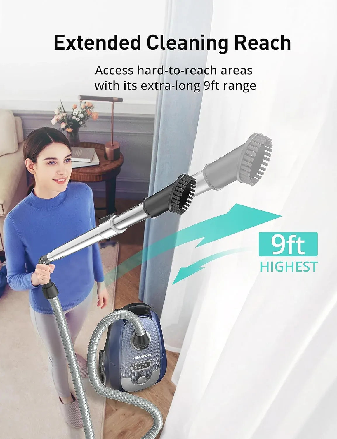 Aspiron Bagged Canister Vacuum, Canister Vacuum Cleaner, 3.5L, H13 HEPA Filter, 5 Cleaning Tools, Pet-Friendly Vacuum Cleaner for Carpets, Hardwood Floors, Stairs, Pet Hair, Household, Blue