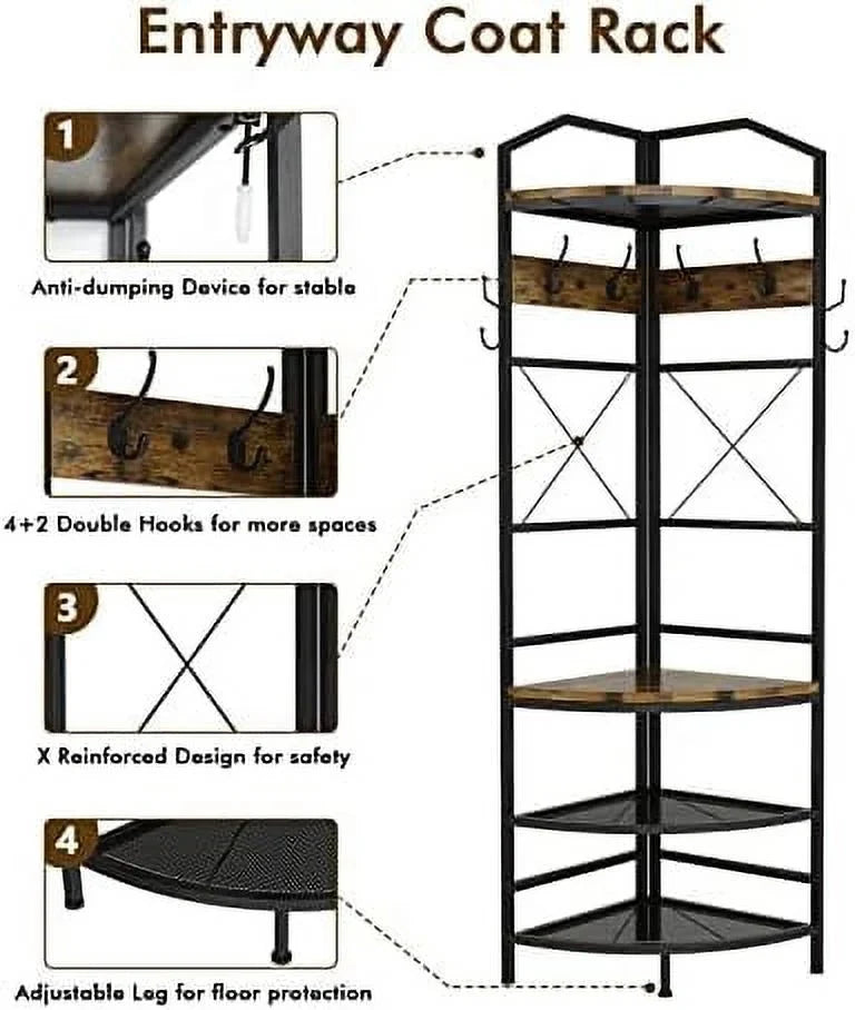 YOPCTUO 3-in-1 Entryway Coat Rack Industrial Hall Tree Corner Cloth Rack with Bench Hallway Coat and Shoe Rack for Corner Entryway Organizer with Metal Shoe for Hallway Corner Entran