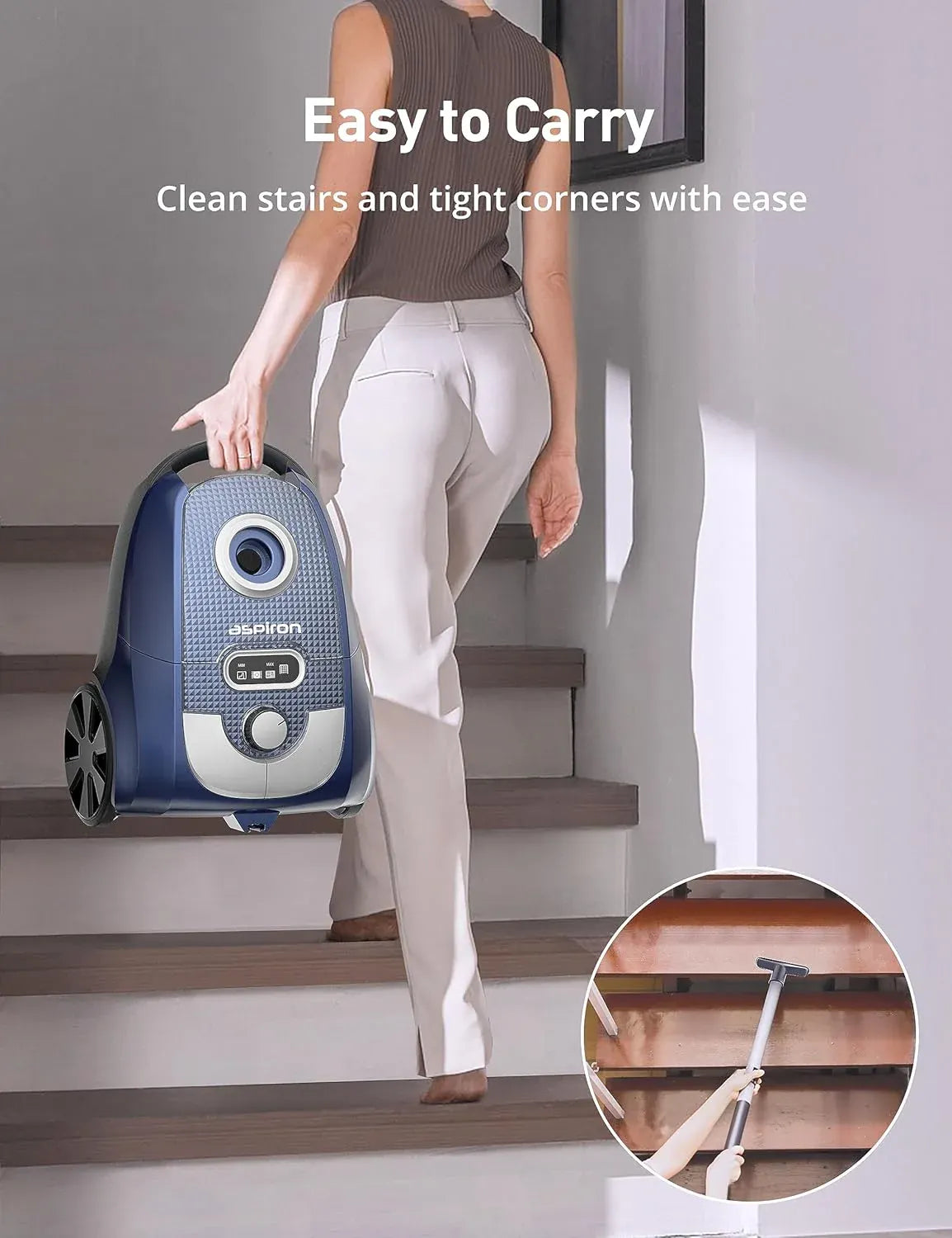 Aspiron Bagged Canister Vacuum, Canister Vacuum Cleaner, 3.5L, H13 HEPA Filter, 5 Cleaning Tools, Pet-Friendly Vacuum Cleaner for Carpets, Hardwood Floors, Stairs, Pet Hair, Household, Blue