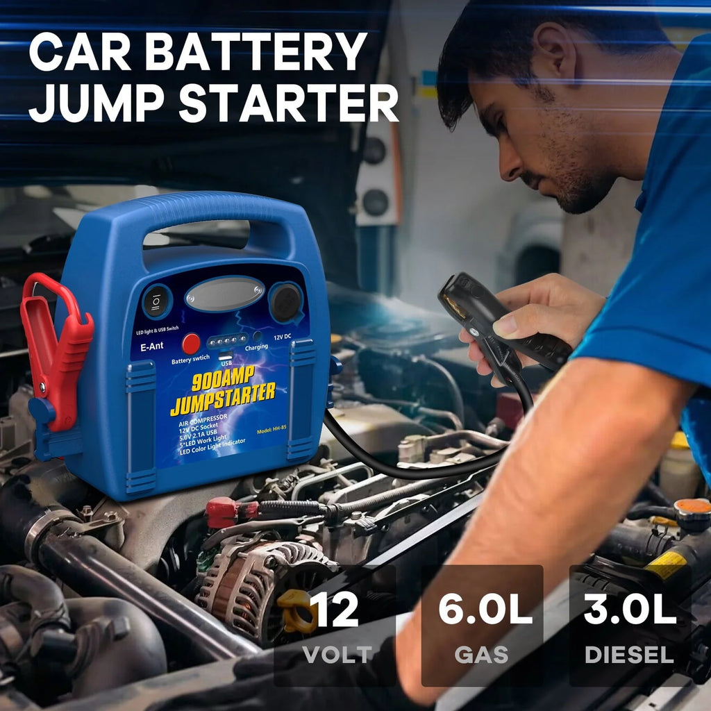 E-Ant Jump Starter with Air Compressor, 900A Peak Jump Starter, 260 PSI Tire Inflator, 12V Battery Jumper Starter Portable, Jumper Cables for Up to 6.0L Gas/4.0L Diesel Engines with DC/USB Ports-Blue