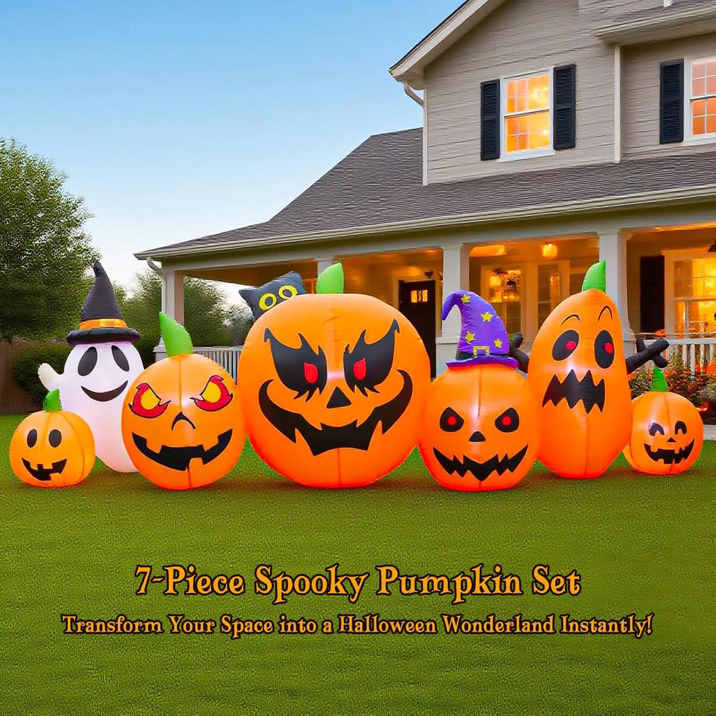 9 FT Halloween Inflatables Pumpkin Outdoor Decorations with Cute Chost Cat and Witch Hat Built-in LEDs Blow Up Pumpkin for Party Yard Lawn Garden Outside Decor