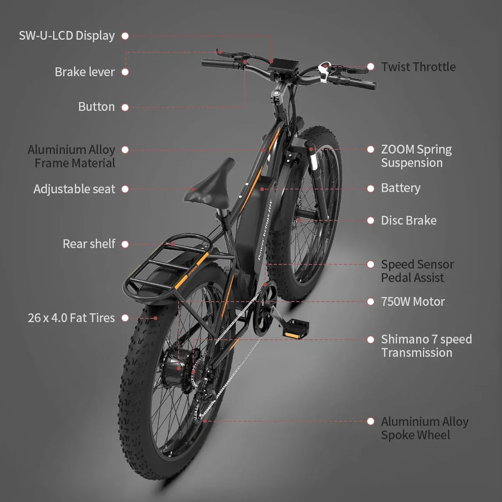 26 In.48V 13Ah 750W Mountain Electric Bikes for Adults Men, 26x4.0 Fat Tire Electric Bicycle 7 speeds Gear Outdoor Ebikes, Black,S48