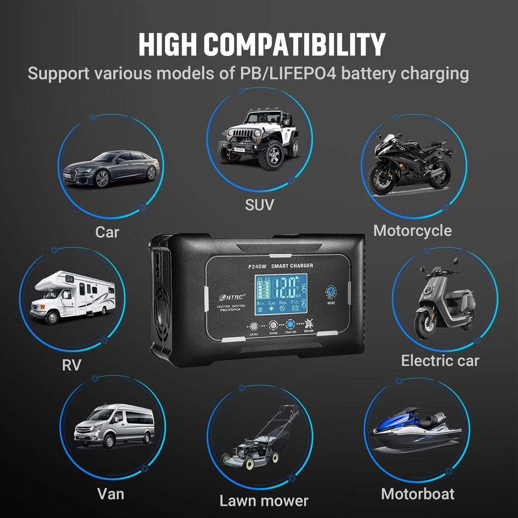 HTRC Automatic 12V/24V 15A Car Battery Charger for RV PB LIFEPO4 AGM (EU)
