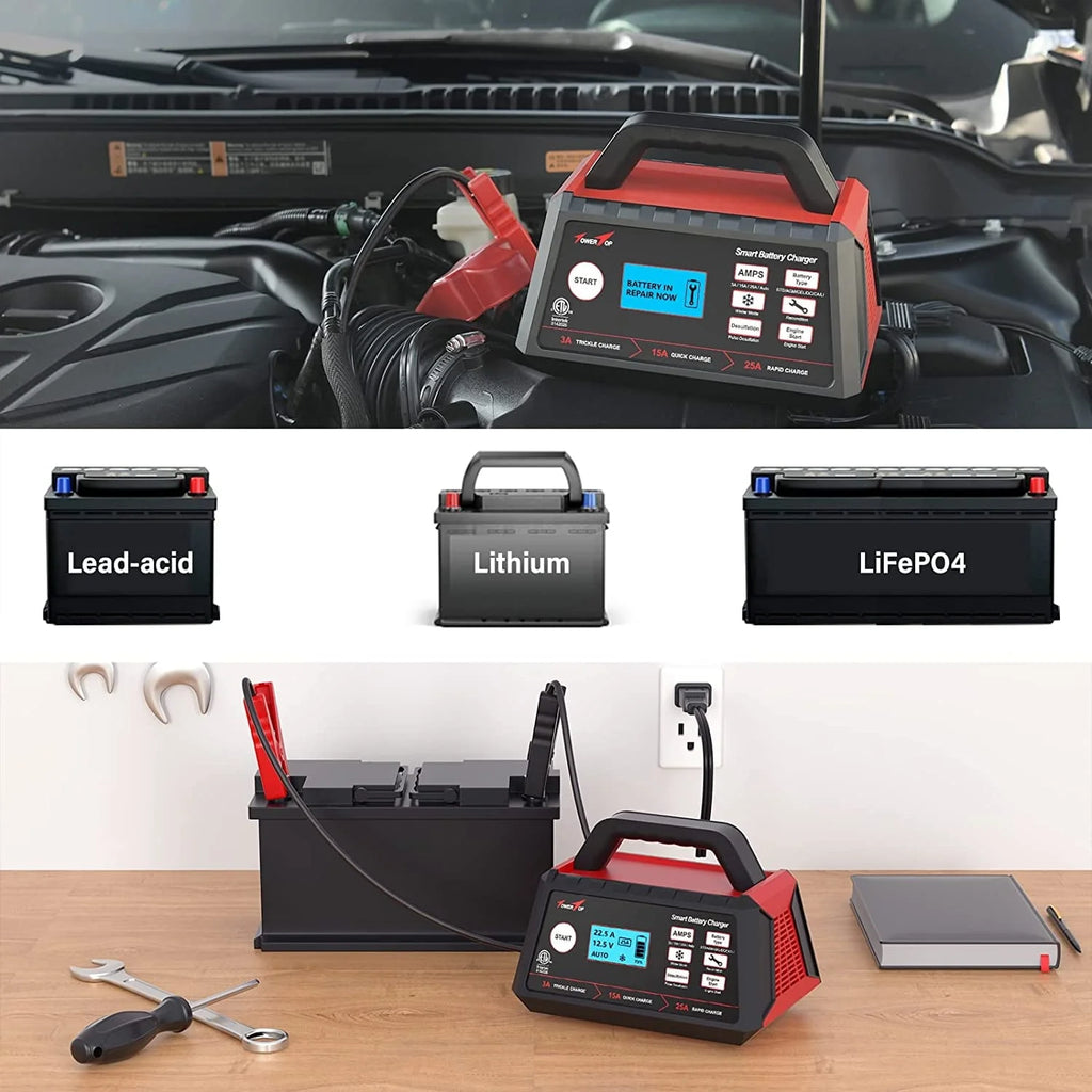 TowerTop Battery Charger, 3/15/25Amp 12V Fully Automatic Smart Trickle Charger, Automotive Battery Maintainer for 12 Volt Lead-Acid and LiFePO4 Lithium Batteries