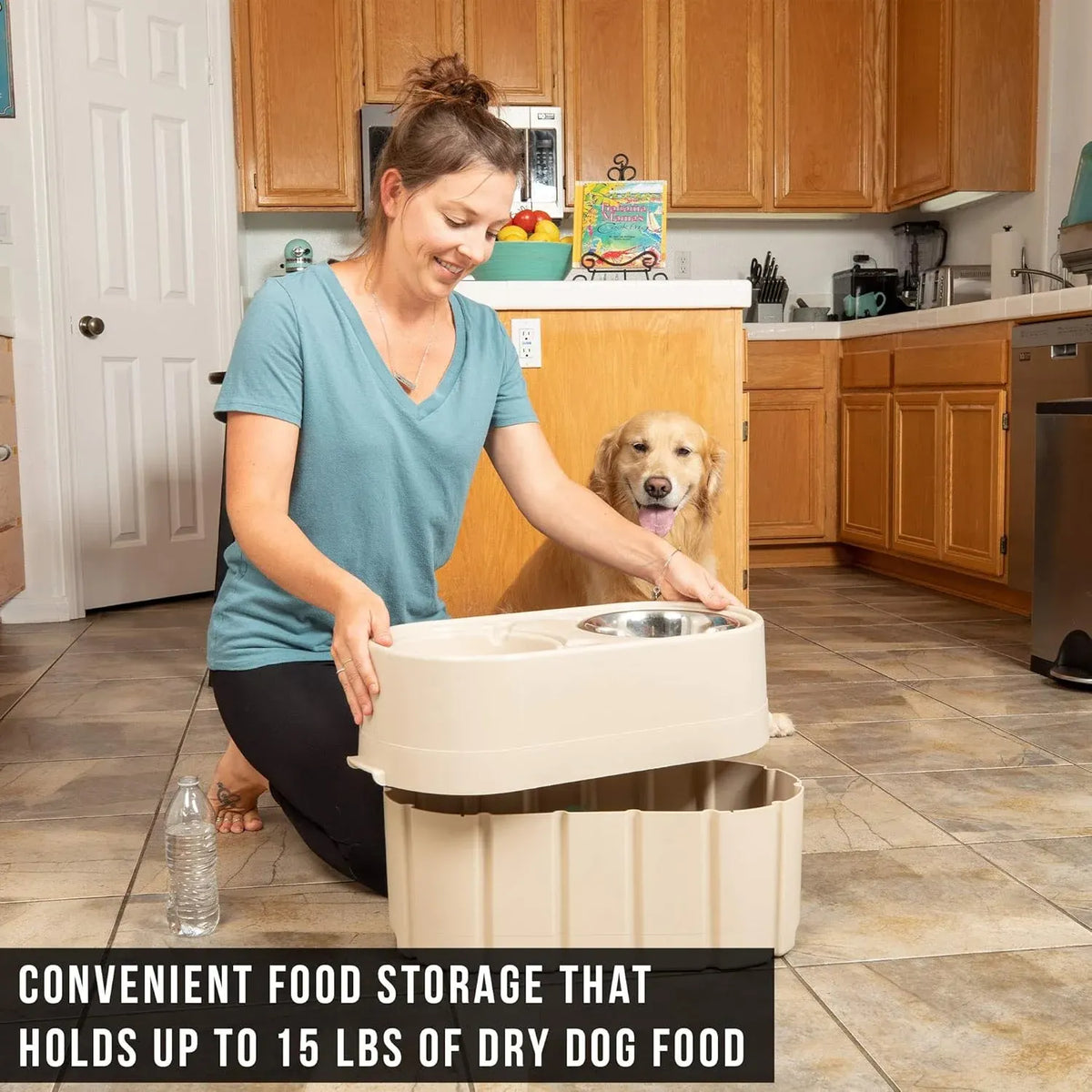 Store-N-Feed Adjustable Raised Dog Bowl, Feeder & Food Storage Containers Large Bowl Stand Adjusts from 8 to 12 (Dog Food Container, Unique Water Dispenser)
