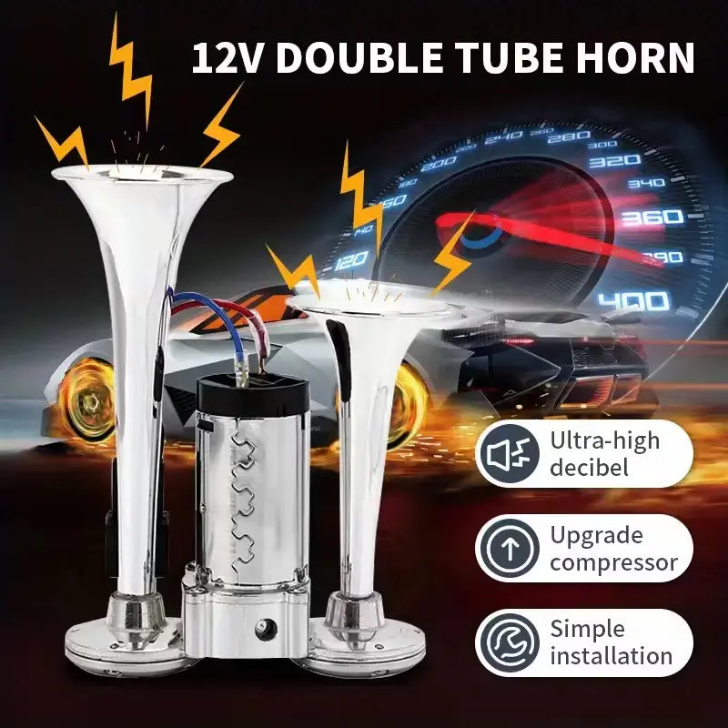 Electric Dual Air Horn with Auto-Refill Compressor and Mounting Bracket for 12V Vehicles