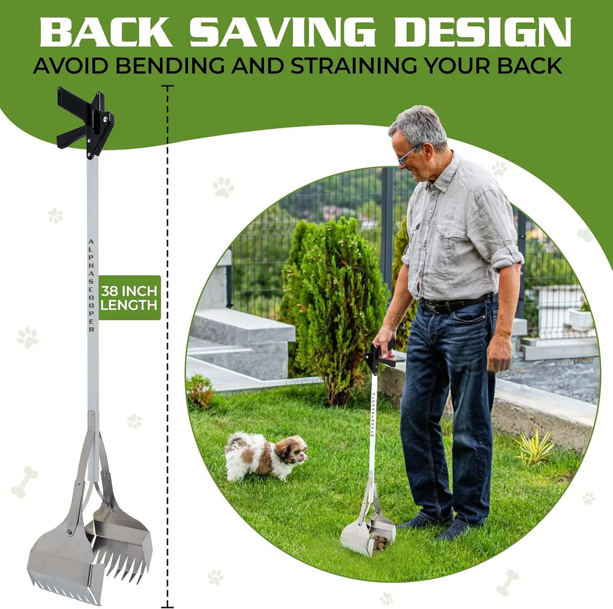 Dog Pooper Scooper for Yard - 38 Lightweight Ergonomic Handle, Rust-Resistant Aluminum, Jaws Technology Poop Scooper for Dogs