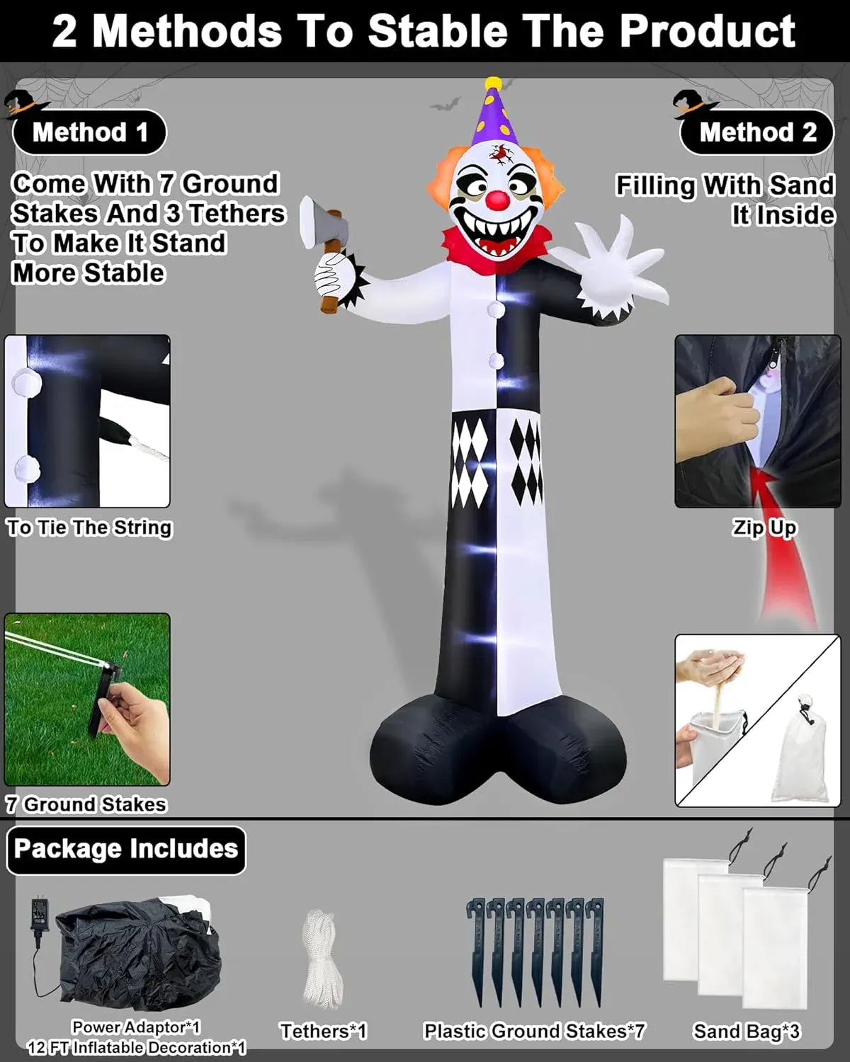 12 Ft Giant Halloween Inflatables Decorations Outdoor Scary Clown Hold Axe Blow Up Build-in LED Lights Inflatable Halloween Outdoor Yard Decors for Garden Lawn Home Holiday Party Outside