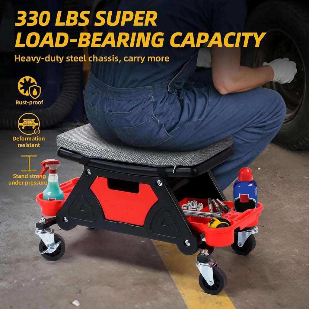 Mechanic Stool, 300 LBS Garage Stool on Wheels, Heavy Duty Rolling Mechanics Seat, Rolling Stools Seat with Wheels for Automotive Auto Repair, Shop